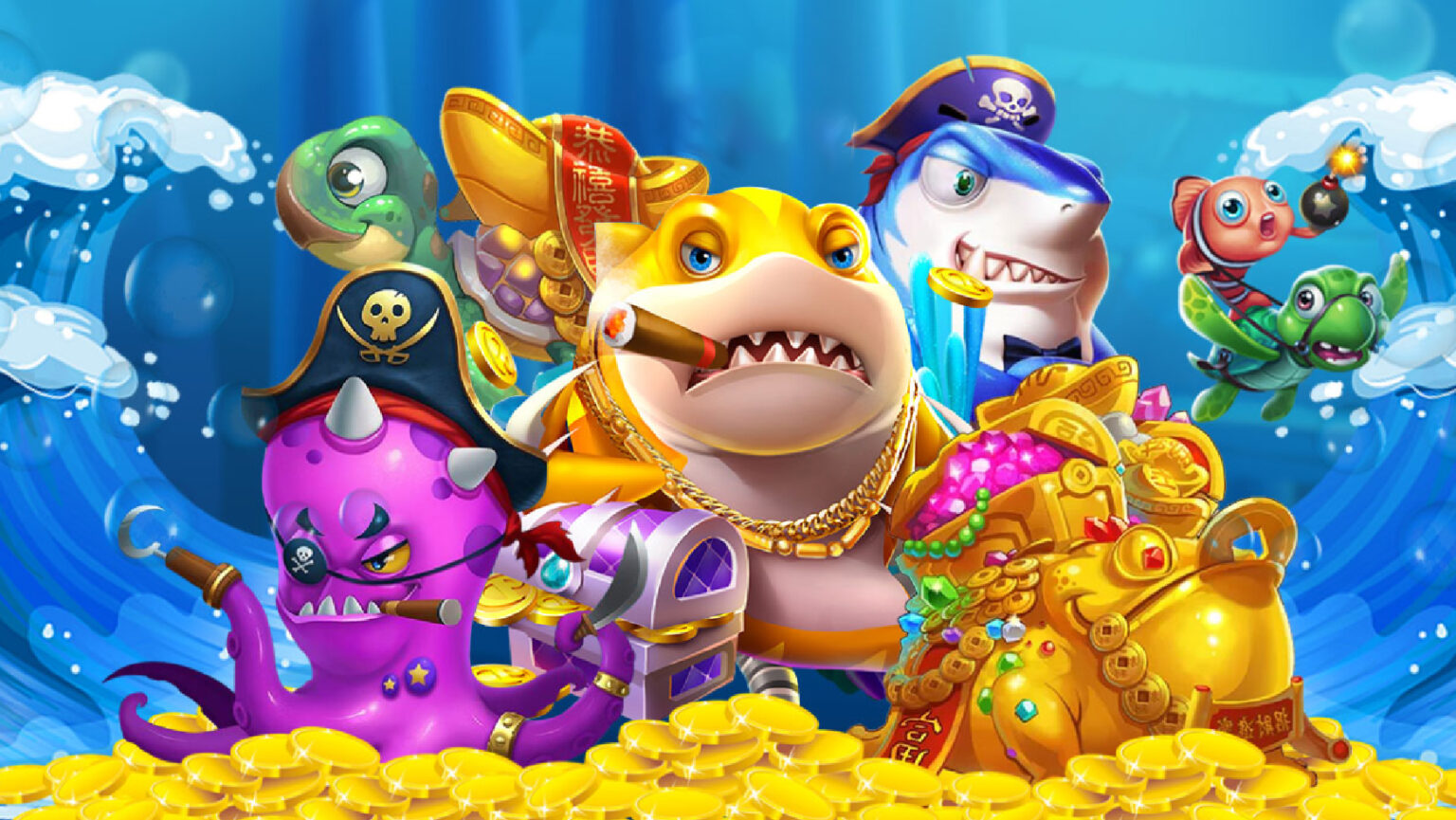 หน้าจอเกมตกปลาและเป้าหมายที่ใช้ประกอบการอธิบายพลังยิงและจังหวะรอบเกม